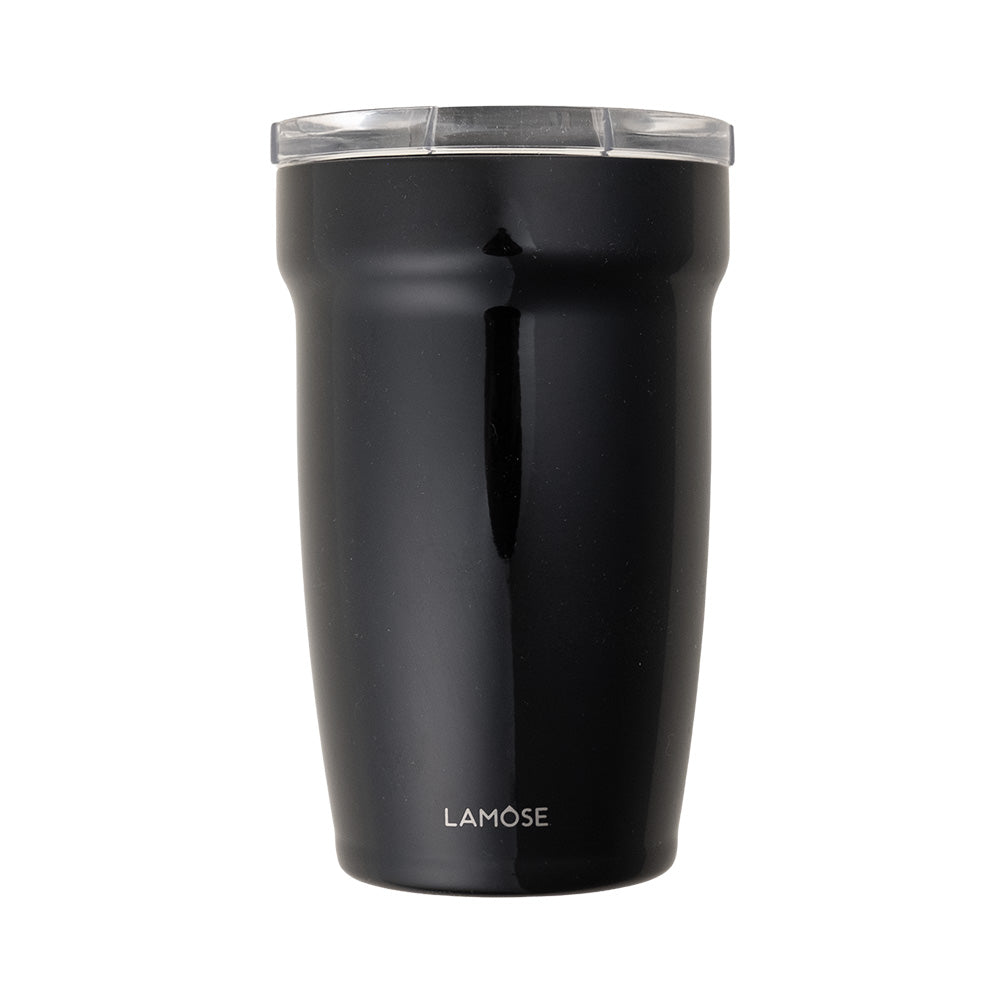 LAMOSE Peyto Pro Enamel 12 oz tumbler in onyx black with a clear lid, shown from the front. Features a glossy finish and LAMOSE logo.
