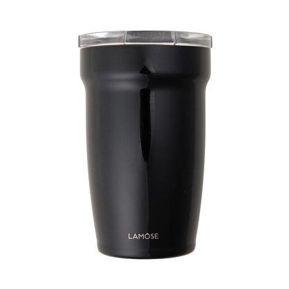 LAMOSE Peyto Pro Enamel 12 oz tumbler in onyx black with a clear lid, shown from the front. Features a glossy finish and LAMOSE logo.
