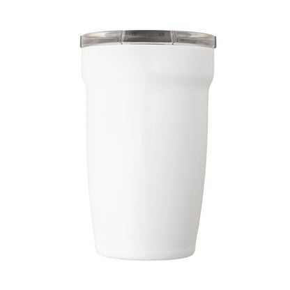 LAMOSE Peyto Pro Enamel 12 oz tumbler in white, shown from the front with a clear and dark grey spill-proof lid.