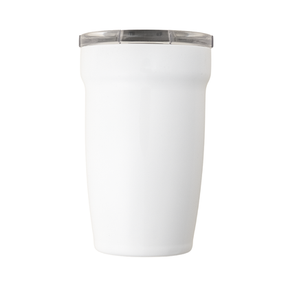 LAMOSE Peyto Pro Enamel 12 oz insulated tumbler in Snow white with clear lid, front view.