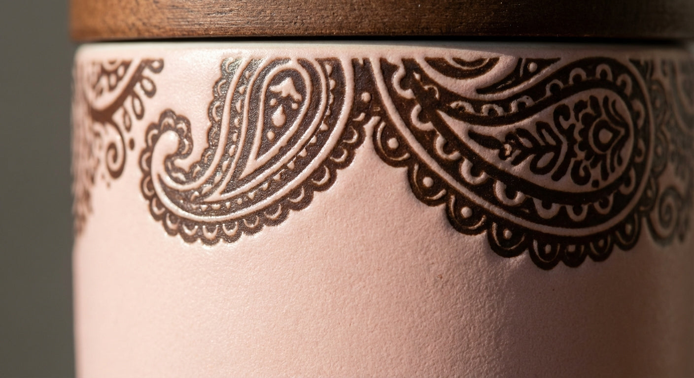 Detail shot - Close-up of LAMOSE Grouse 12oz tumbler featuring an ornate pink paisley floral pattern and dark brown leakproof lid.