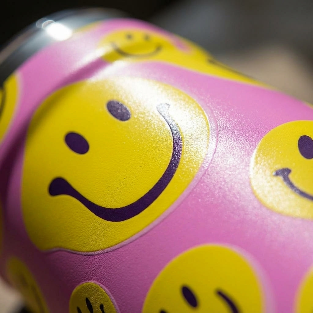 Detail shot - LAMOSE Peyto 16oz stainless steel tumbler featuring a pattern of yellow smiley faces with purple outlines on a bright pink background.