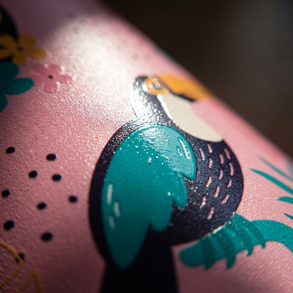 Detail shot - Grouse 34 oz insulated tumbler featuring a pink background with toucans, teal flowers, and green palm leaves