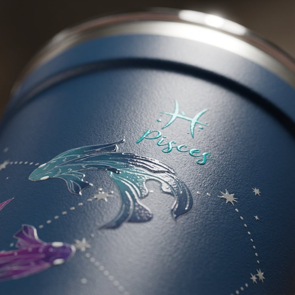 Detail shot - Matte dark blue 16oz insulated tumbler featuring teal and purple Pisces fish yin yang design with constellation stars and silver lid
