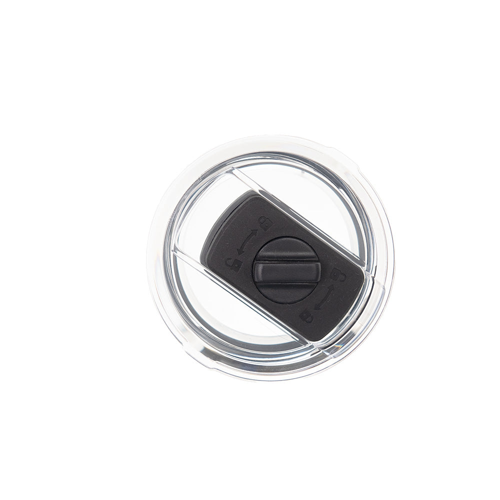 LAMOSE clear plastic drinkware lid, top-down view. Features black sliding lock mechanism, open/close arrows, and padlock icons.