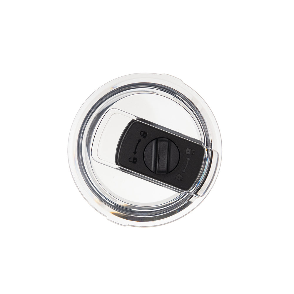 LAMOSE Hudson Pro/Pro Max clear lid, top view. Features black twist-to-lock, leakproof slider mechanism.