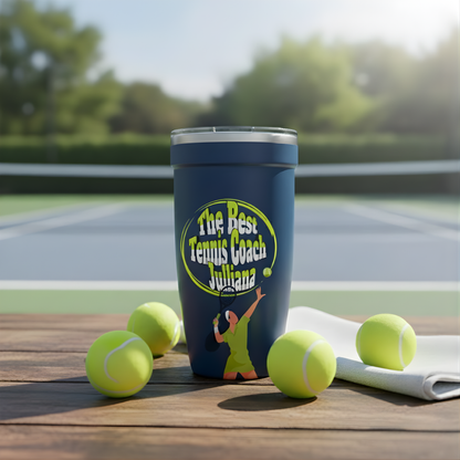 Dark blue Peyto 16oz tumbler featuring colorful tennis court graphics and text 'The Best Tennis Coach Juliana' sitting on a wooden bench with tennis balls.