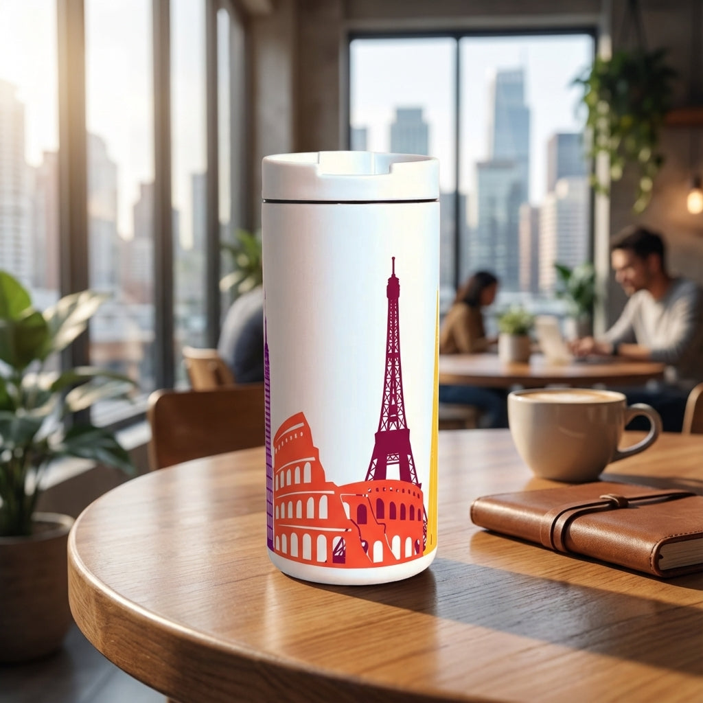 White 12 oz insulated travel mug featuring colorful artistic illustrations of the Eiffel Tower and Colosseum sitting on a wooden cafe table.