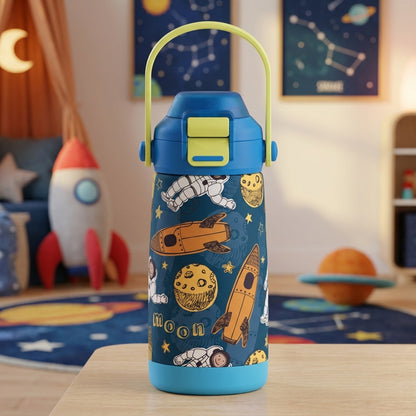 Navy blue LAMOSE Goose 14oz water bottle featuring astronaut and rocket illustrations with a bright green handle and light blue bumper
