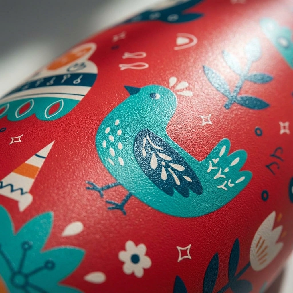 Detail shot - Robson 21 oz water bottle featuring a vibrant red background with teal and orange folk art patterns of birds and flowers, set amongst art supplies.