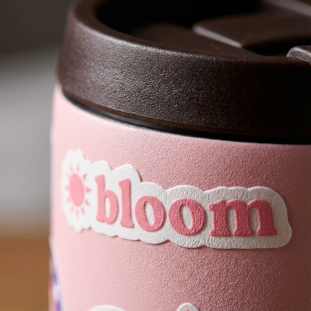 Detail shot - Light pink 12oz insulated tumbler featuring a retro sticker collage with rainbows, suns, and positive words like Smile and Bloom.