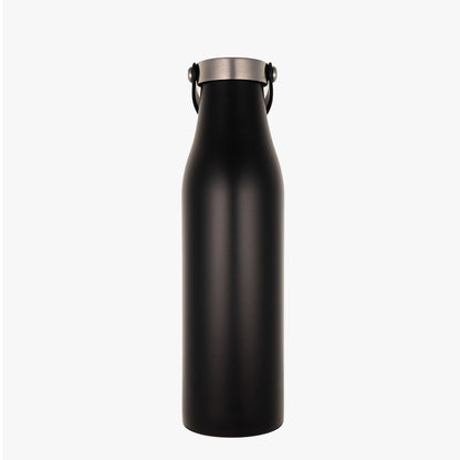 LAMOSE Robson 21 oz insulated stainless steel water bottle in black onyx, front view, with brushed silver lid and black carry handle.