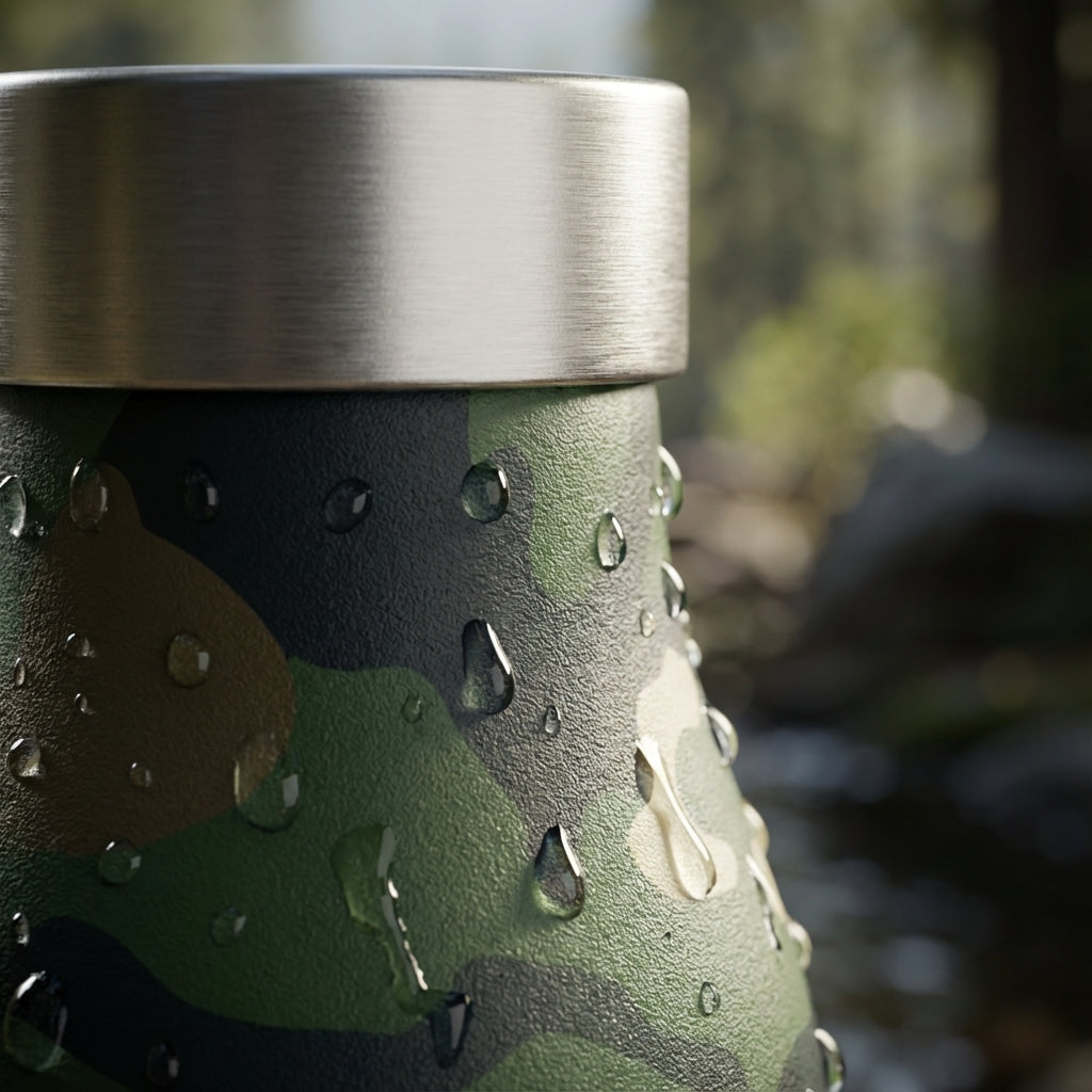 Detail shot - Robson 21 oz insulated water bottle featuring a classic green and brown camouflage pattern standing on a rock in a forest.