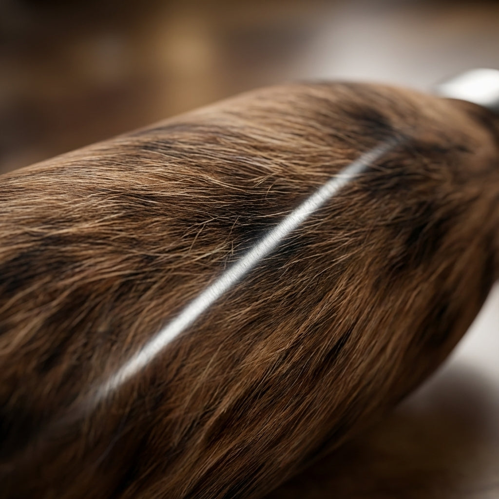Detail shot - LAMOSE Robson 21 oz insulated water bottle featuring a realistic brown and black faux fur animal print texture placed on a cozy rug.