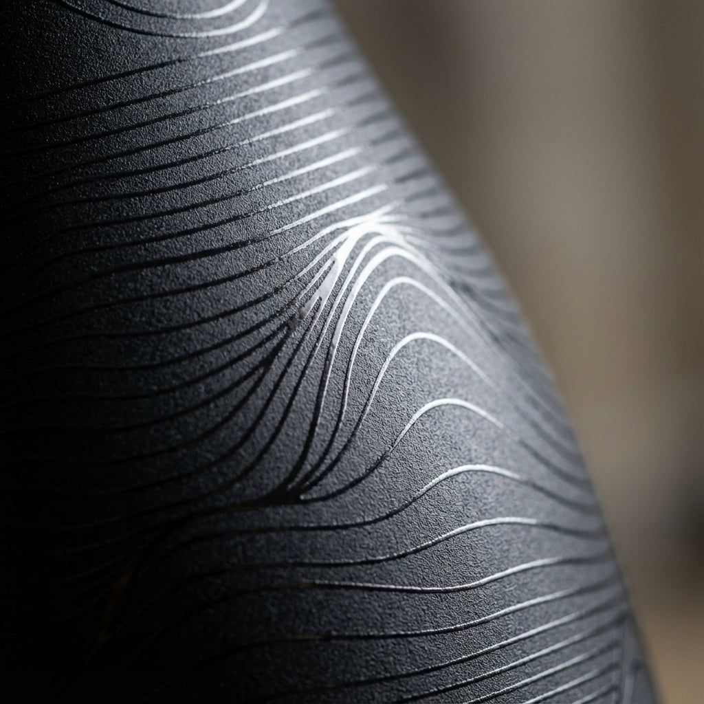 Detail shot - Matte black Robson 21 oz insulated water bottle featuring a silver abstract topographic contour line pattern