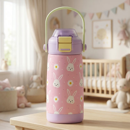 Pink stainless steel kids water bottle with white bunny and daisy pattern, lilac lid, and green handle.