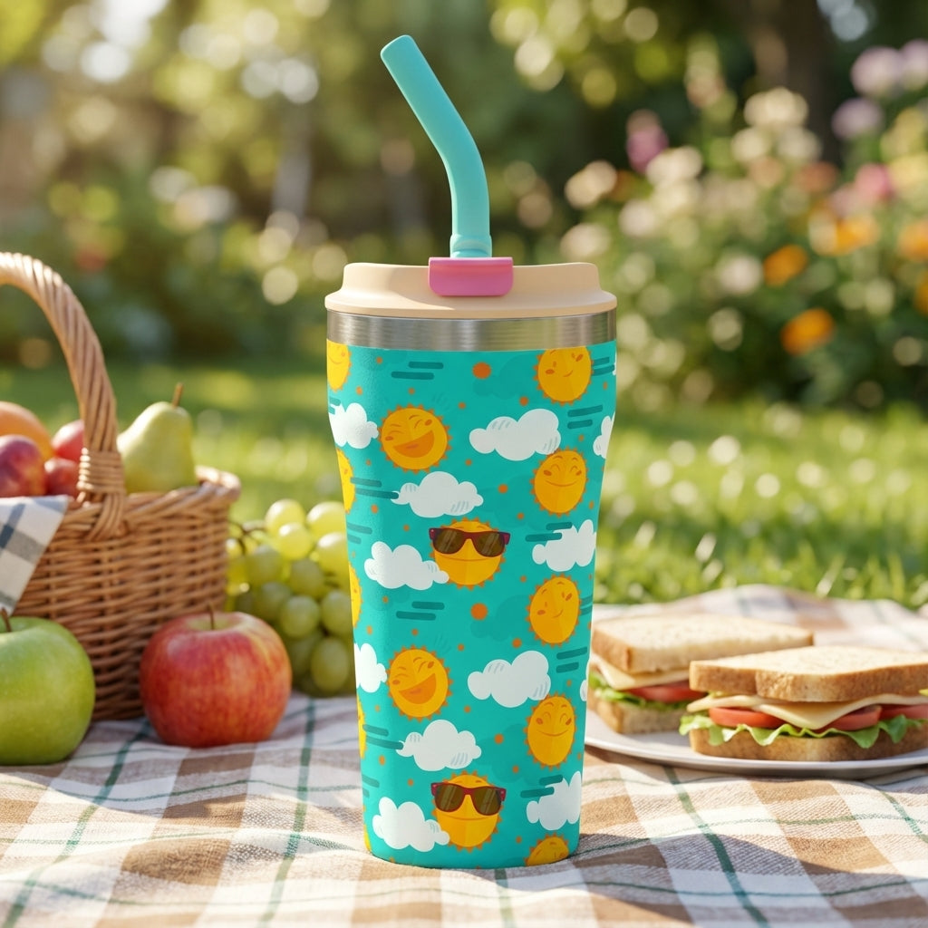 16 oz turquoise insulated tumbler with pattern of orange smiling suns and white clouds, featuring a pink slider lid and turquoise straw on a picnic blanket.