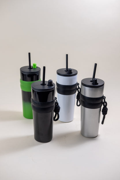 An array of stainless steel straw tumblers in assorted colors including black, green, white, and silver, each featuring a BPA-free plastic straw and a convenient rubber grip. These tumblers are designed for easy customization and portability, suitable for both hot and cold beverages. 