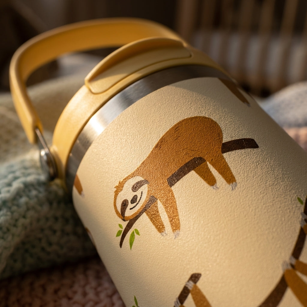 Detail shot - Cream 40oz stainless steel tumbler featuring cartoon sleeping sloths on branches with soft yellow lid and handle standing on a nursery side table.