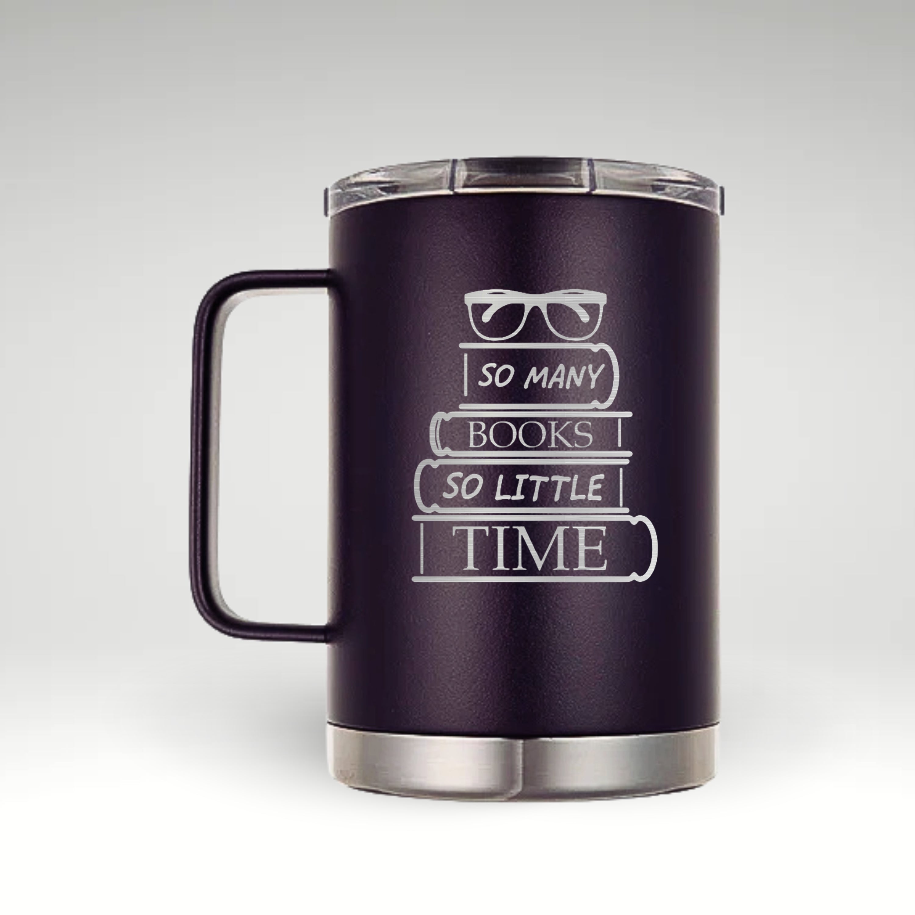 So Many Books, So Little Time Insulated Mug Insulated mug with a stylish stack of books and glasses, featuring the phrase 'So many books, so little time' for avid readers. #color_nova-purple