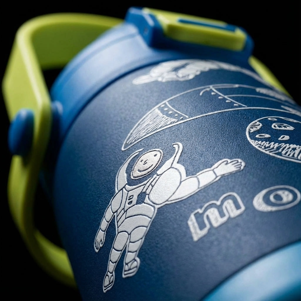 Detail shot - Navy blue LAMOSE Goose 14oz water bottle featuring astronaut and rocket illustrations with a bright green handle and light blue bumper