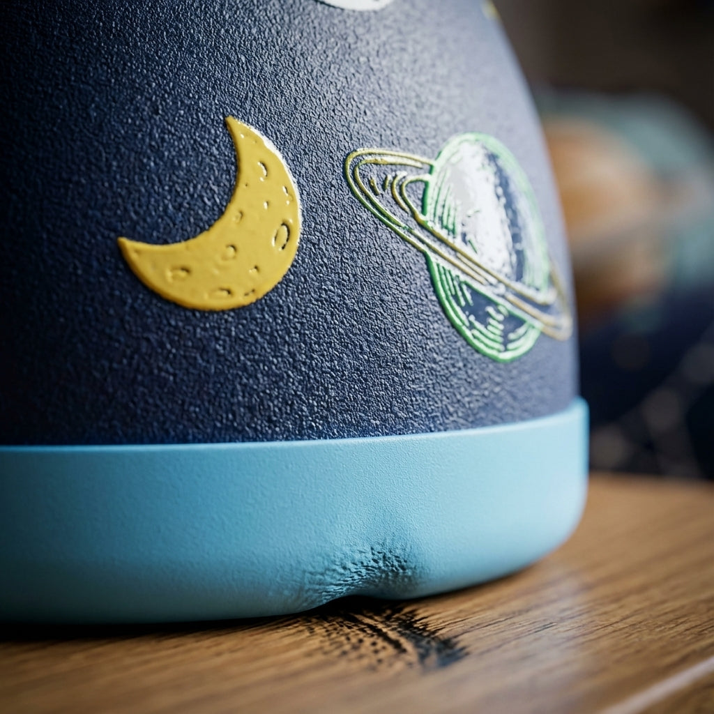 Detail shot - Navy blue LAMOSE Goose 14oz kids water bottle featuring colorful cartoon planets, stars, and galaxies with a light blue and yellow handle lid