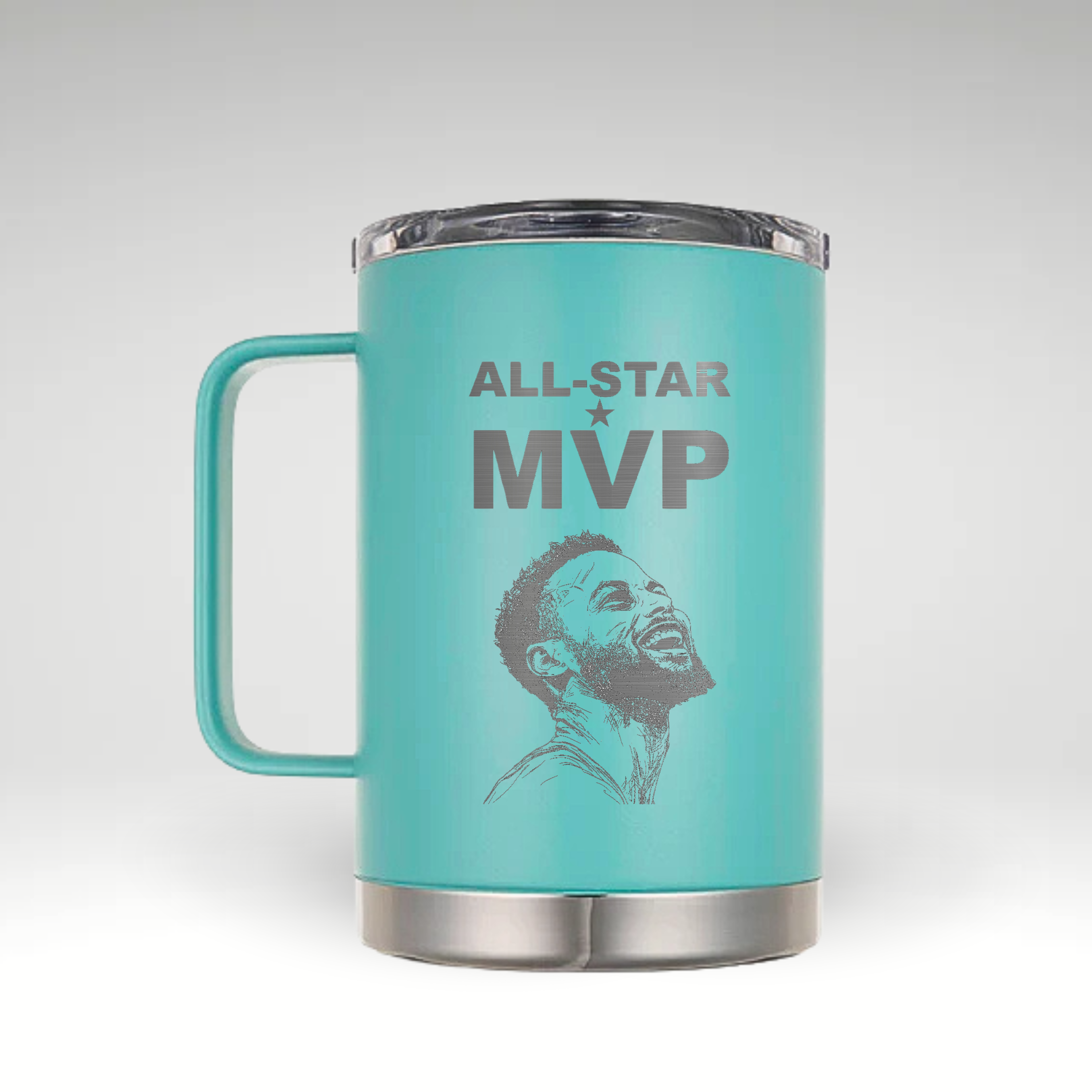 Stephen Curry MVP Celebration Mug Insulated mug featuring a vibrant sketch of Stephen Curry celebrating his MVP win with bold 'MVP' text. 
