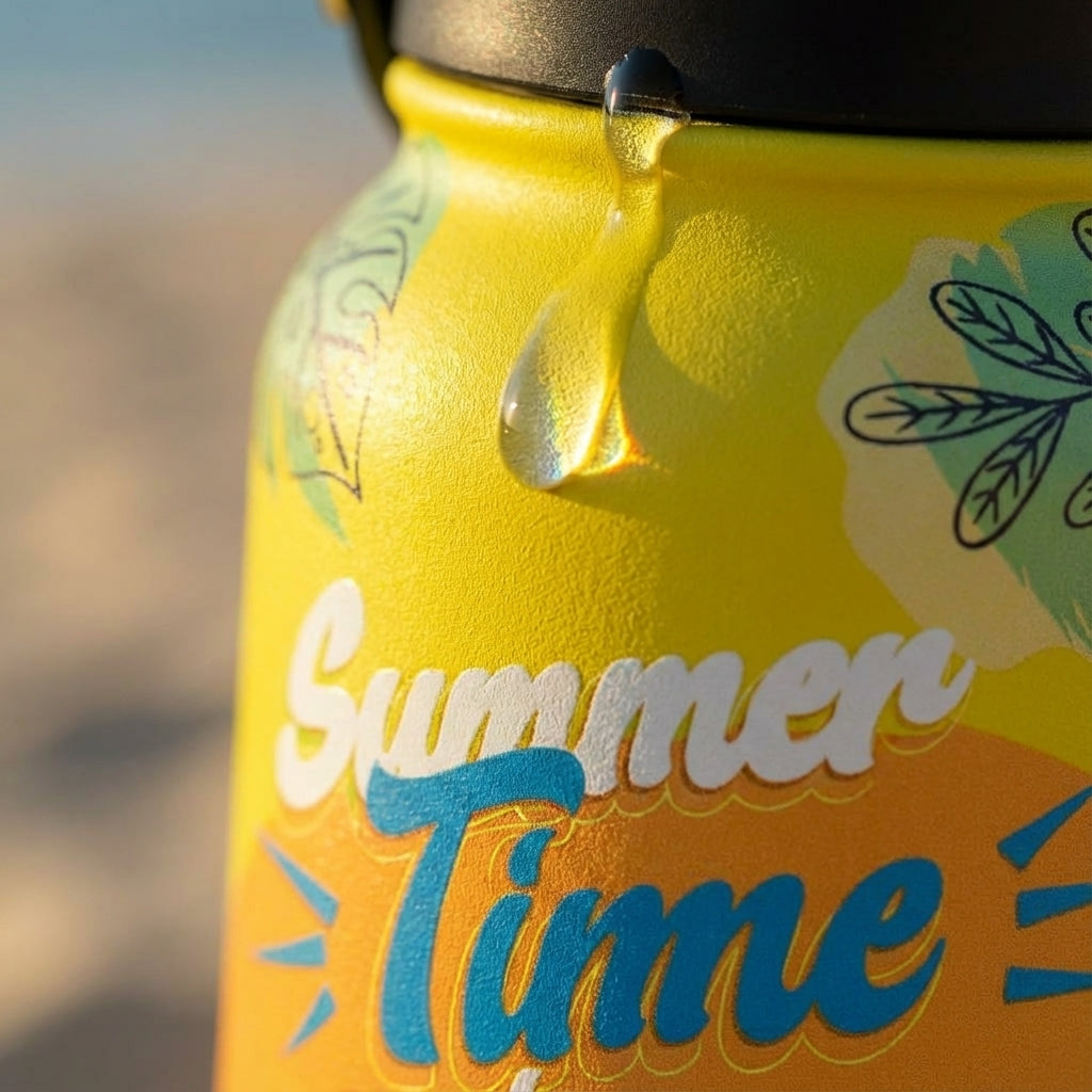 Detail shot - LAMOSE Grouse 34 oz yellow tumbler with Summer Time Is Coming text and tropical palm leaves sitting on a sunny beach deck