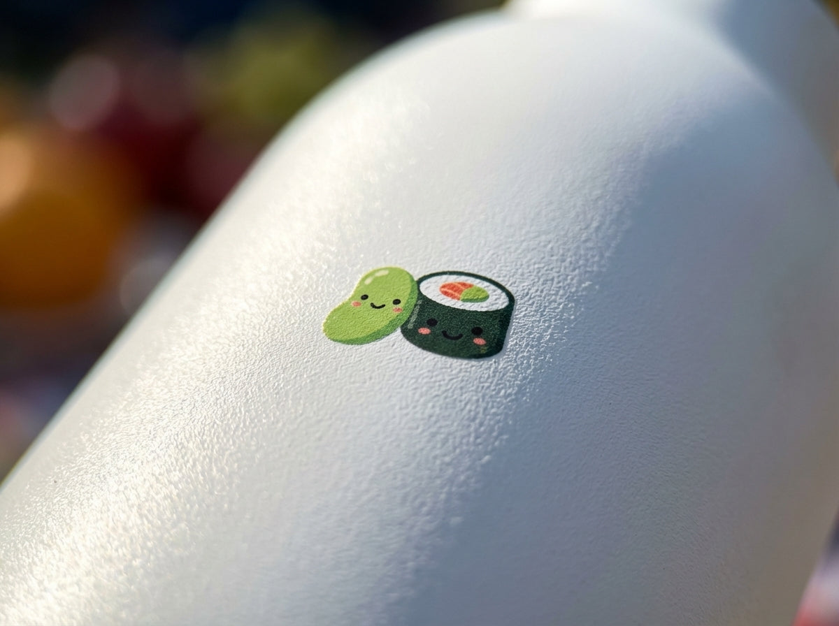 Detail shot - LAMOSE Goose 14 oz kids water bottle featuring a cute sushi and soy sauce pattern on a white body with an orange silicone boot and light green handle.