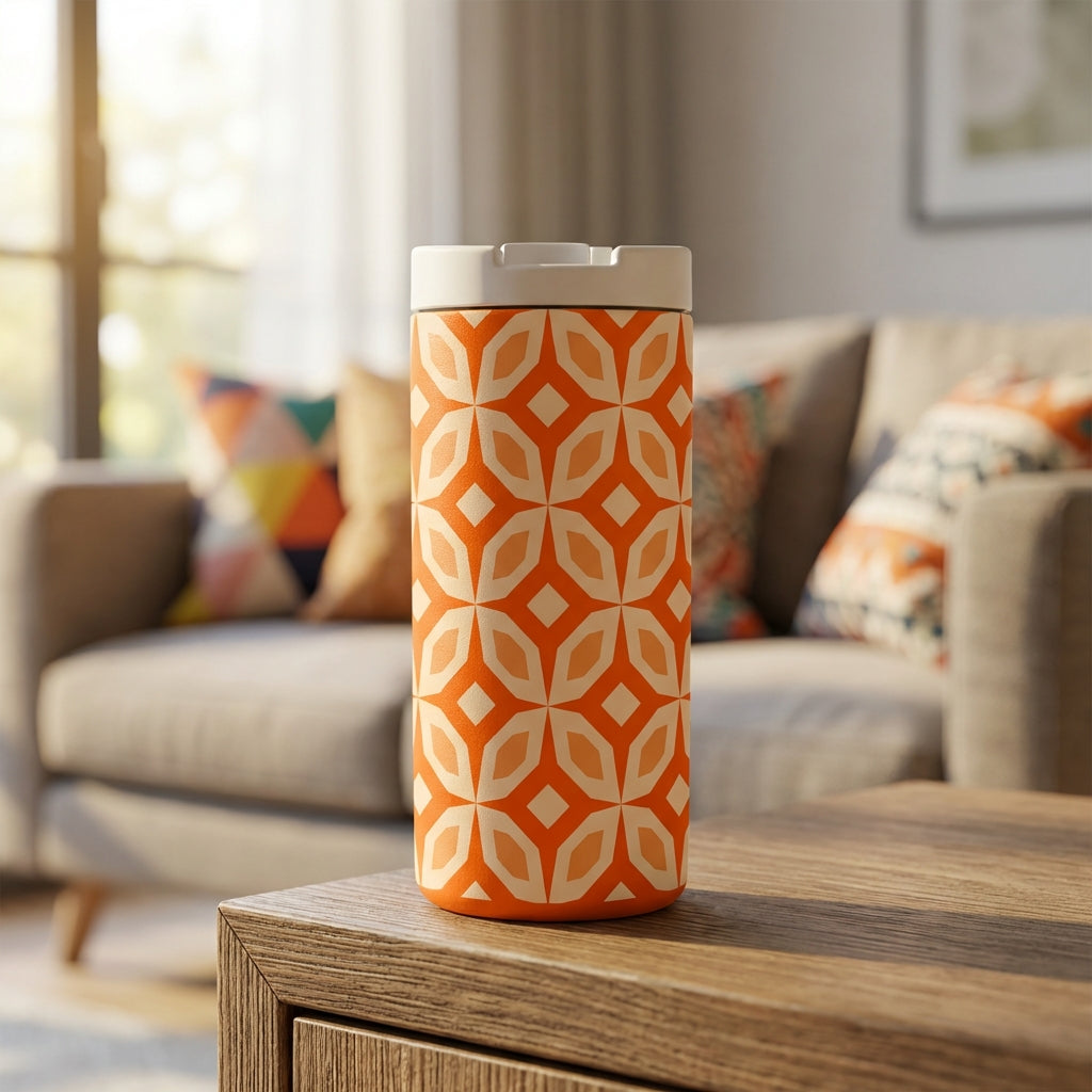 Close-up of Grouse 12oz tumbler featuring an orange and cream geometric diamond pattern on a wooden surface.
