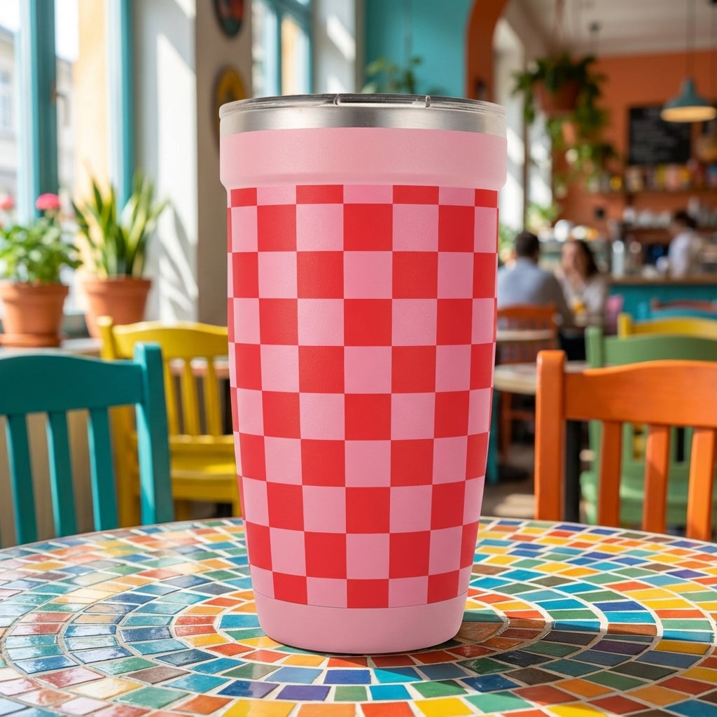 Peyto 16oz pink insulated tumbler with red and light pink checkerboard pattern sitting on a colorful mosaic cafe table.