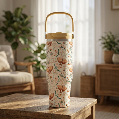 LAMOSE Cascade 40 oz tumbler in cream with orange and pink butterfly pattern and yellow handle standing on a wooden surface