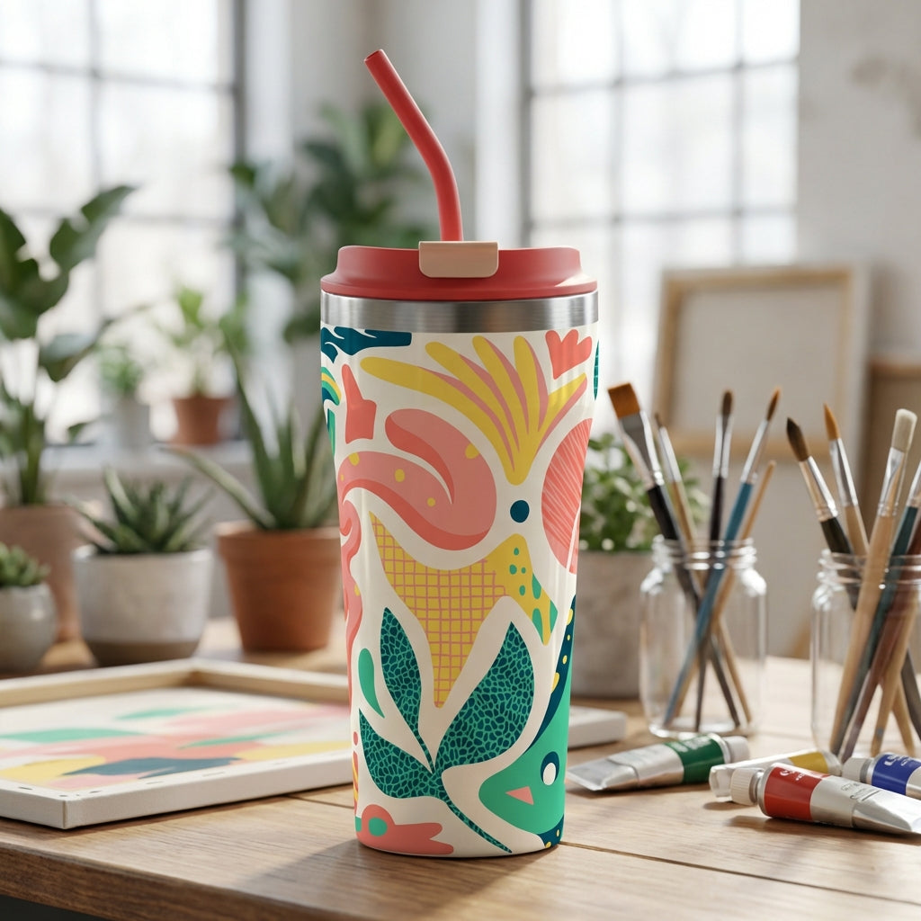 LAMOSE Bow 16 oz insulated tumbler featuring abstract pink and teal botanical shapes on cream background with a coral lid and straw.