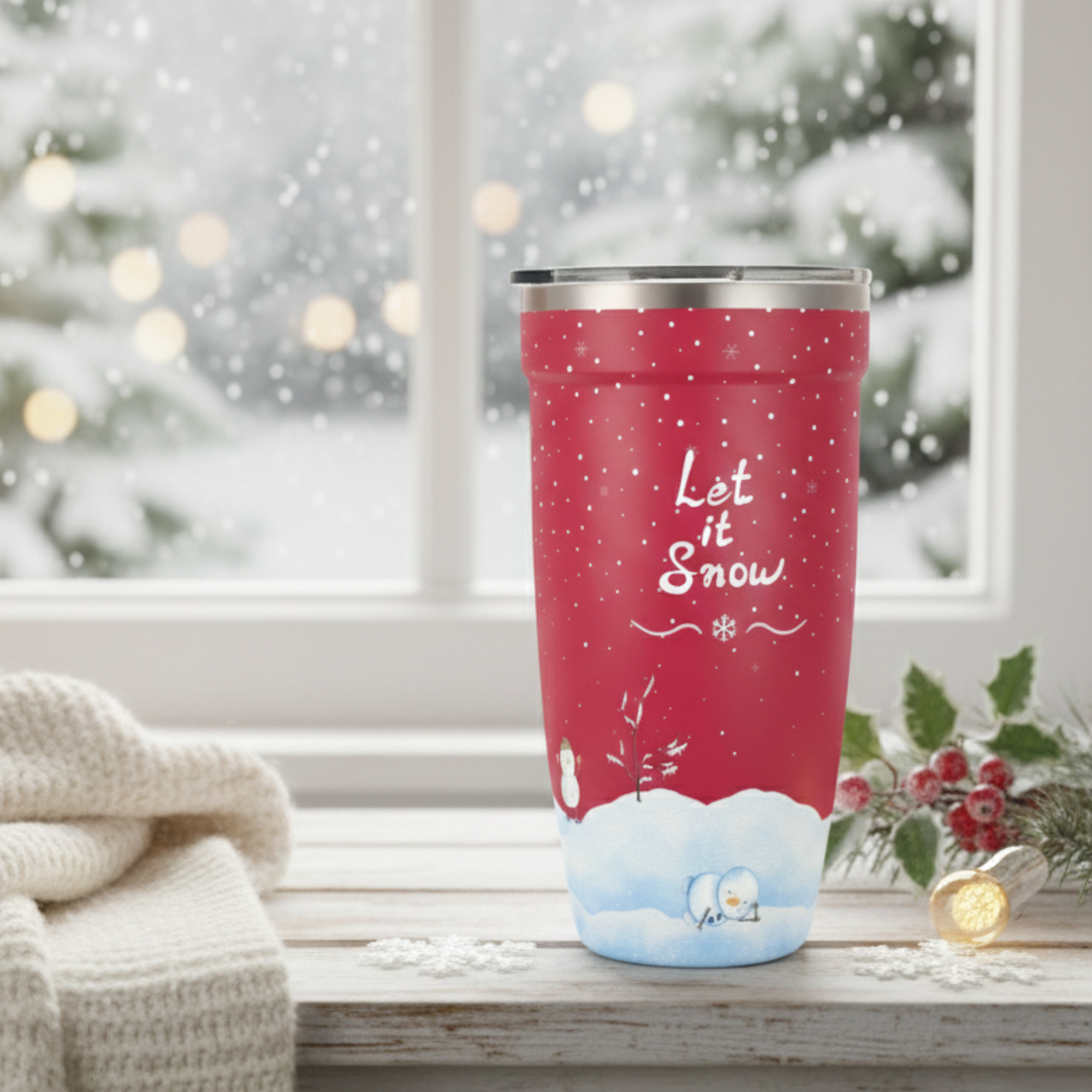 Red 16oz stainless steel tumbler with white Let It Snow script, snowflakes, and snowmen design on a wooden table with holiday decor