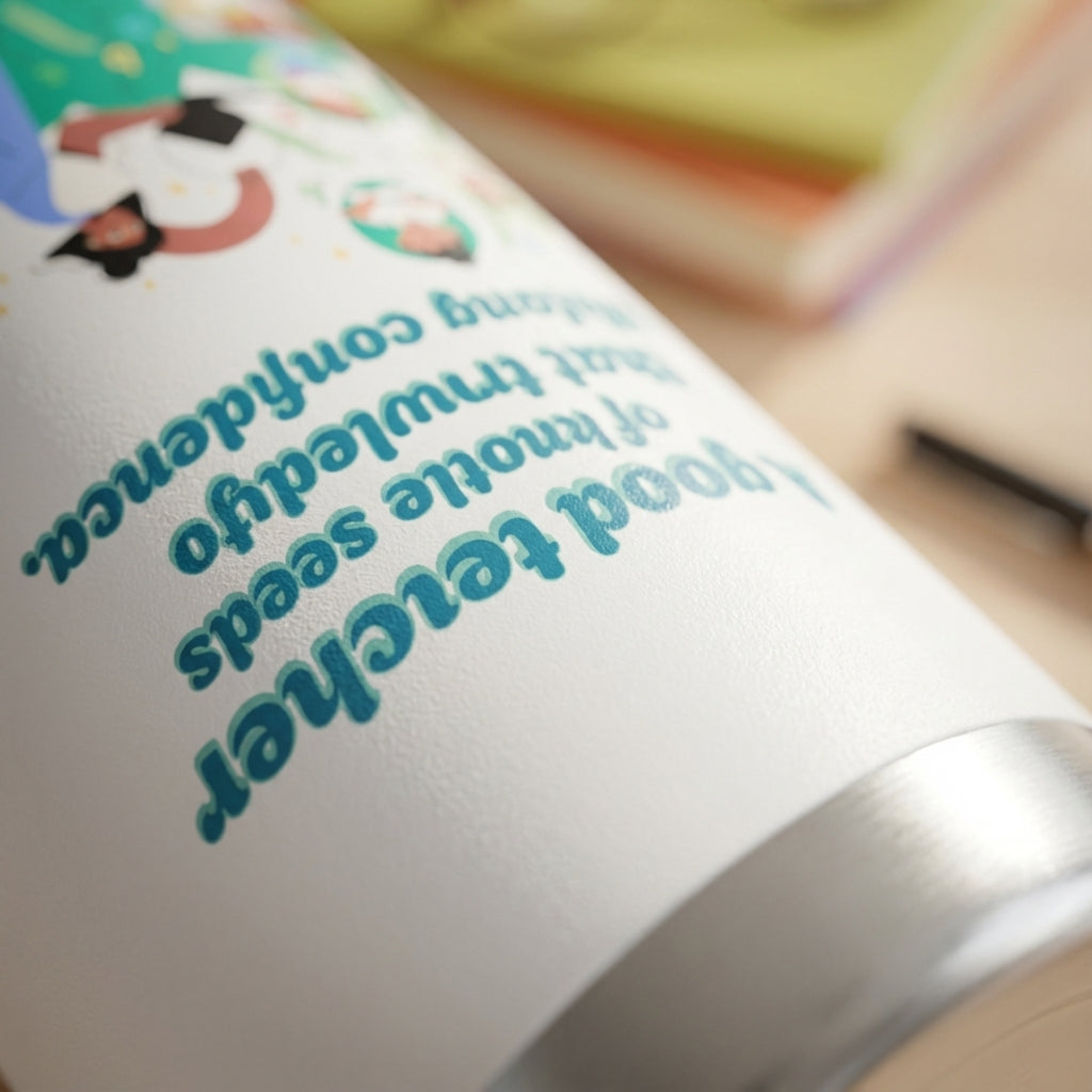 Detail shot - White 16oz insulated tumbler featuring an illustration of a teacher watering knowledge seeds, colorful books, and turquoise inspirational text.