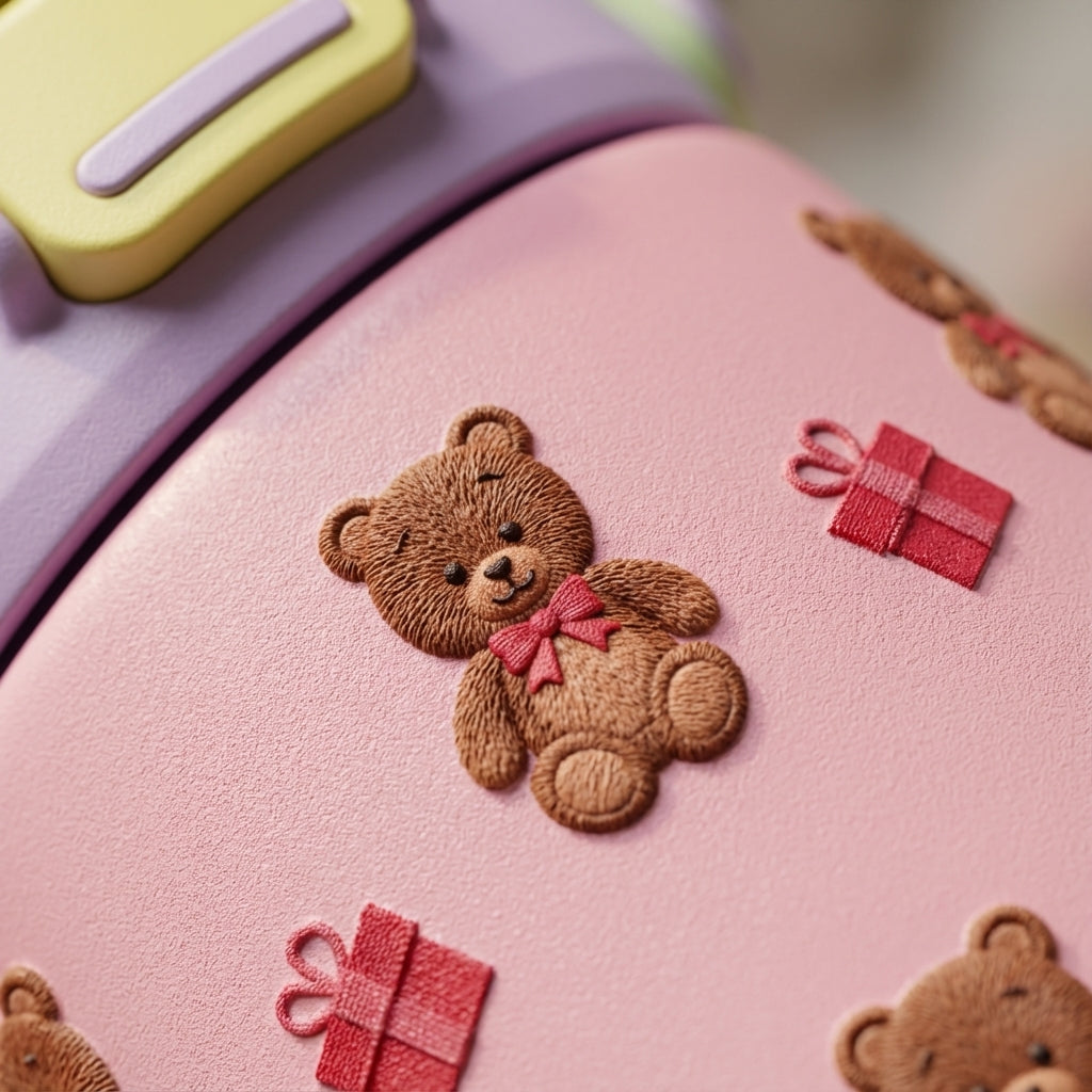 Detail shot - Light pink 14oz kids water bottle featuring a pattern of teddy bears, red gifts, and hearts, with a purple lid and green handle.