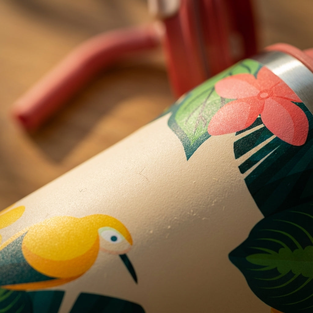 Detail shot - Beige 16 oz insulated tumbler with yellow bird and pink floral illustration, featuring a reddish-pink lid and straw.