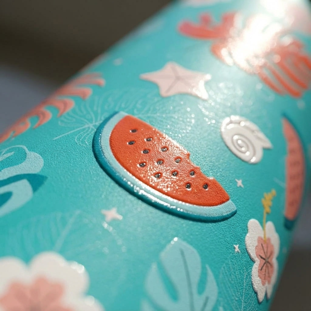 Detail shot - Teal LAMOSE Robson 21 oz insulated bottle featuring a seamless pattern of red watermelons, tropical leaves, yellow flowers, and white seashells.