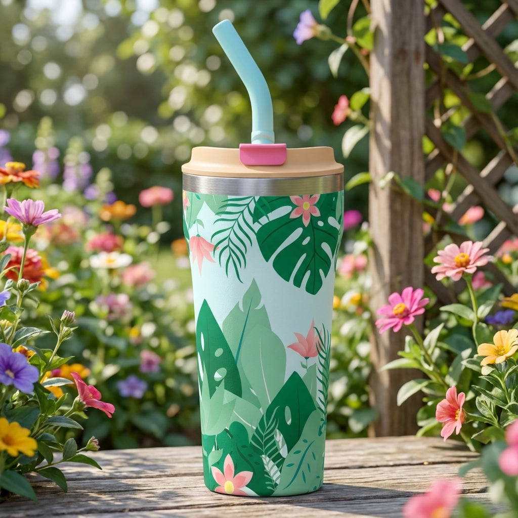 LAMOSE Bow 16 oz light blue tumbler with tropical monstera leaf and pink flower pattern standing in sunlight.