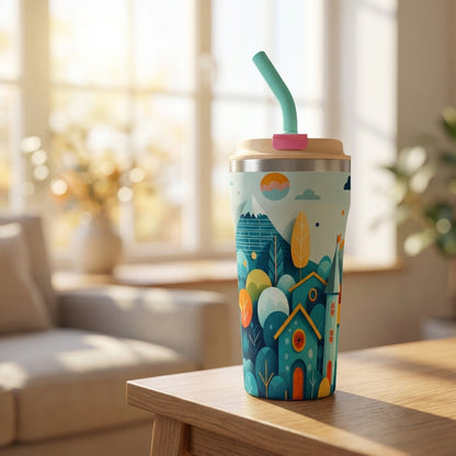 LAMOSE Bow 16oz tumbler featuring a colorful cartoon-style landscape print with blue houses, orange roofs, green trees, and mountains under a sunrise.