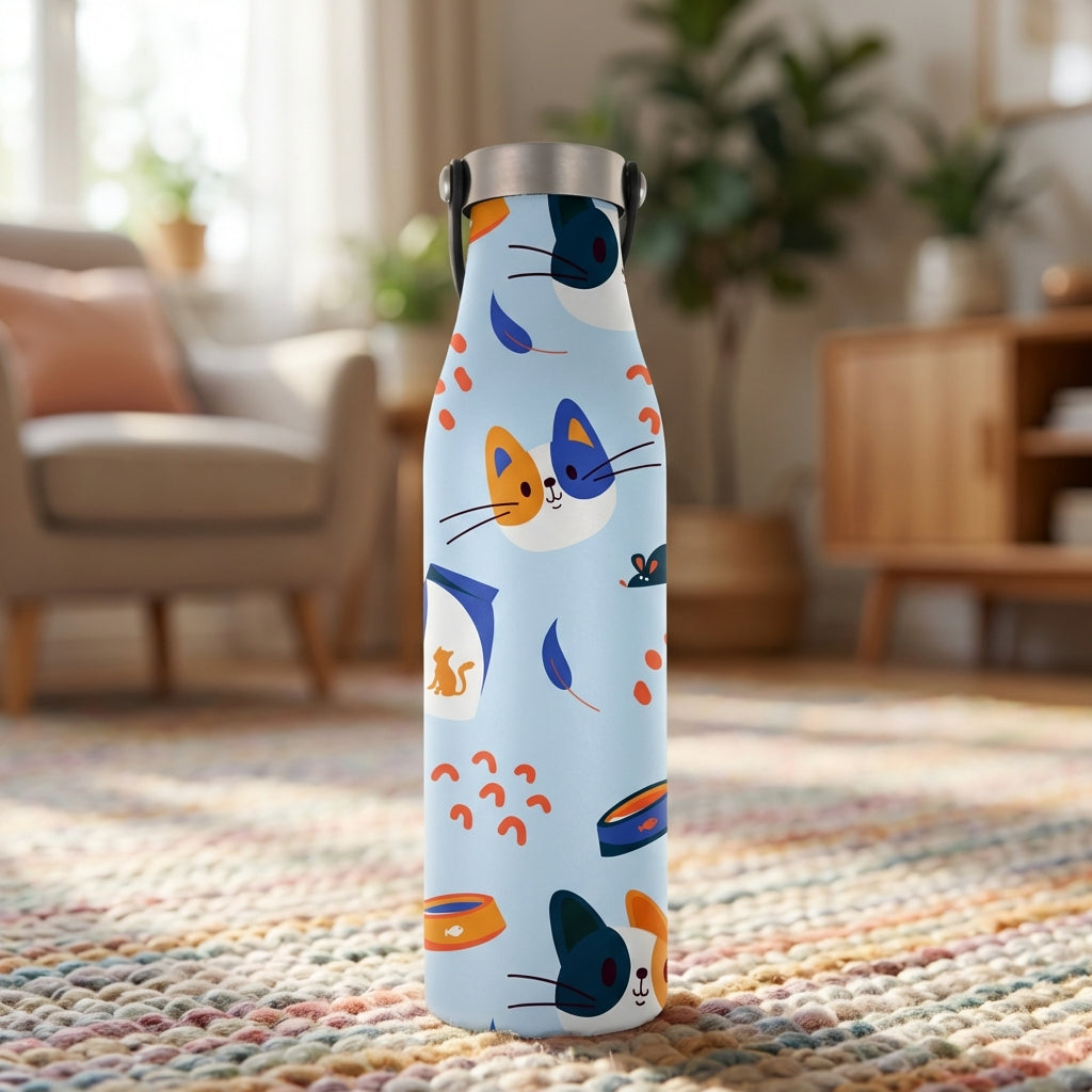 Light blue stainless steel water bottle featuring a pattern of cartoon cat faces, fish bones, and cat food bags.