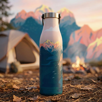 Robson 21 oz insulated water bottle featuring a peach to teal gradient with a wrap-around mountain range and river illustration, silver handle top.