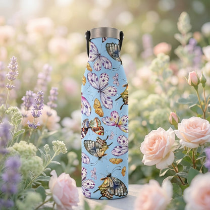 Light blue LAMOSE Robson 21oz water bottle featuring colorful watercolor butterfly illustrations and artistic water droplets.