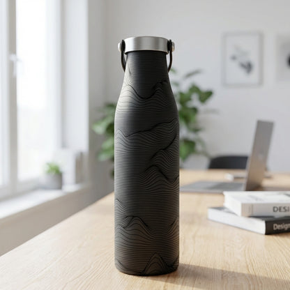 Matte black Robson 21 oz insulated water bottle featuring a silver abstract topographic contour line pattern