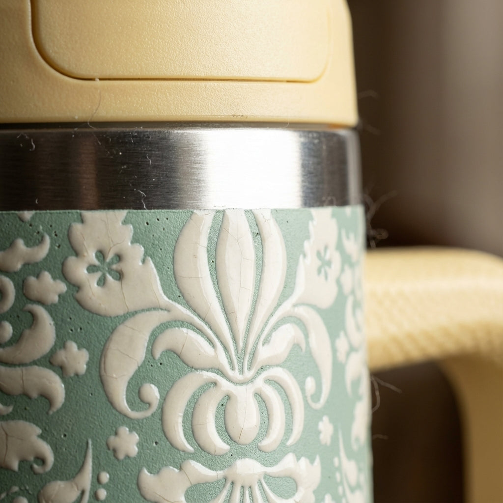 Detail shot - LAMOSE Cascade 40oz tumbler featuring an intricate off-white damask pattern on a sage green background, set in a vintage library.