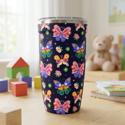 LAMOSE Peyto 16oz travel cup featuring a deep blue background with a colorful pattern of pink, blue, and orange butterflies and floral shapes.