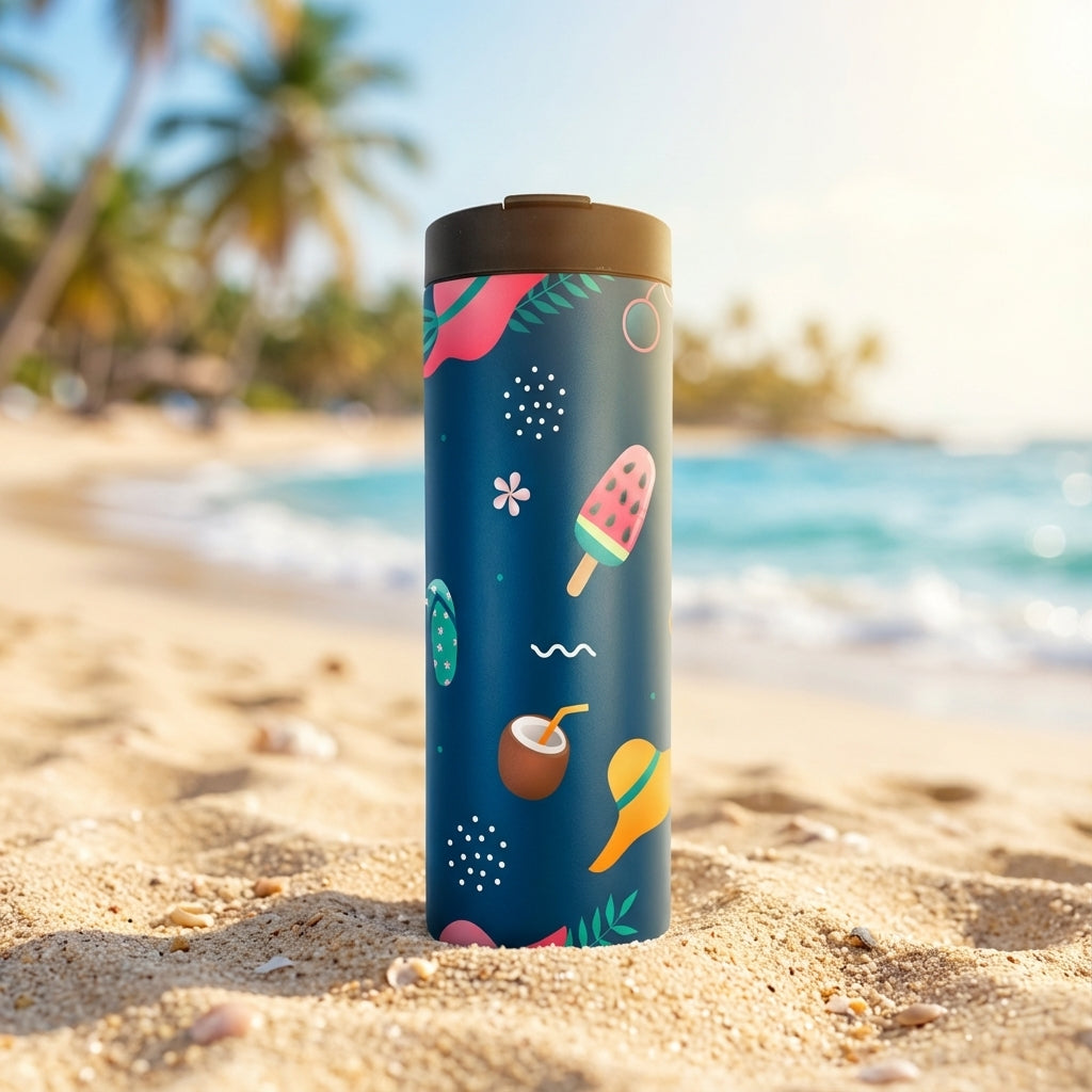 Dark blue LAMOSE Grouse tumbler featuring a summer pattern with watermelon popsicles, coconut drinks, sun hats, and tropical leaves.