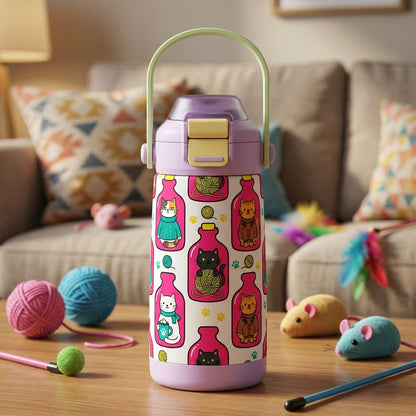 Light purple Goose 14 oz kids water bottle featuring cartoon cats wearing sweaters, red bottle outlines, yarn balls, and paw prints with a light green handle.
