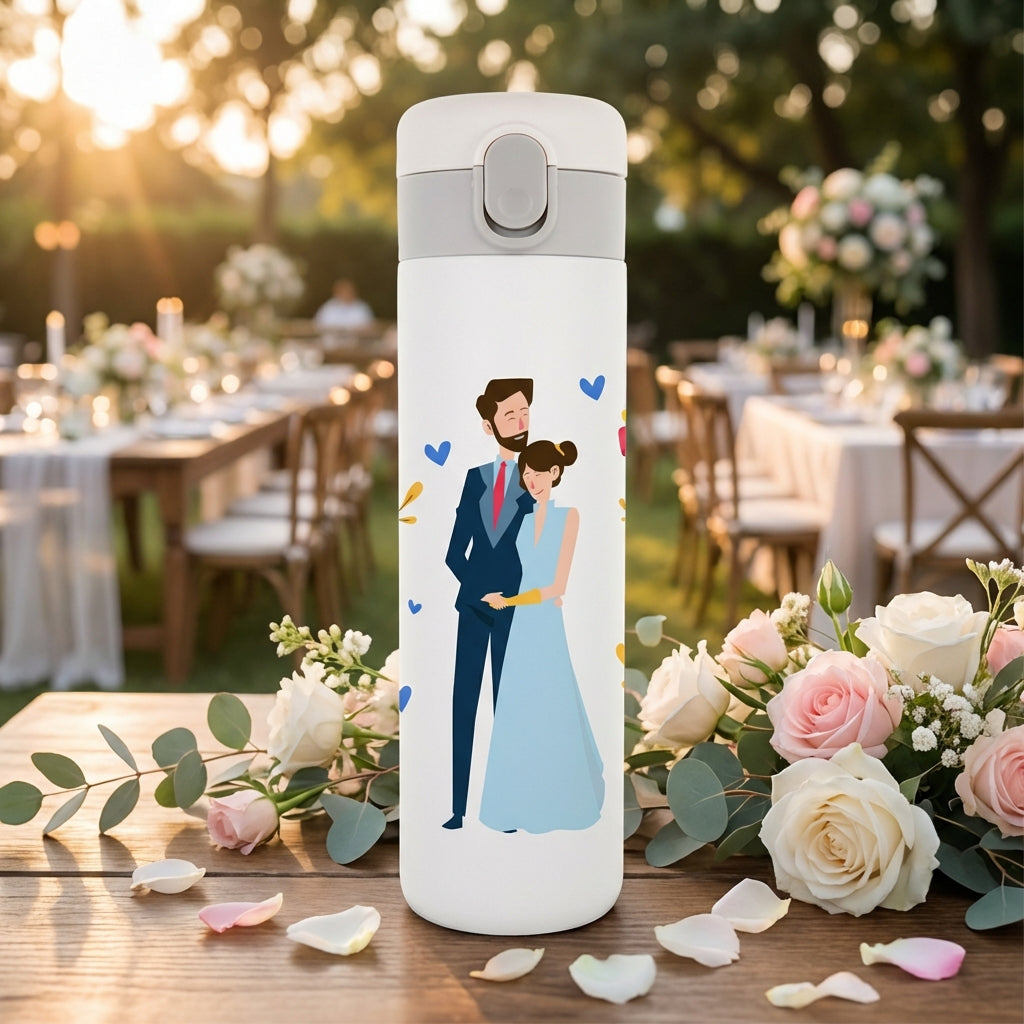 White LAMOSE Emerald 16oz tumbler featuring a printed illustration of a couple in wedding attire embracing, surrounded by blue and yellow hearts.