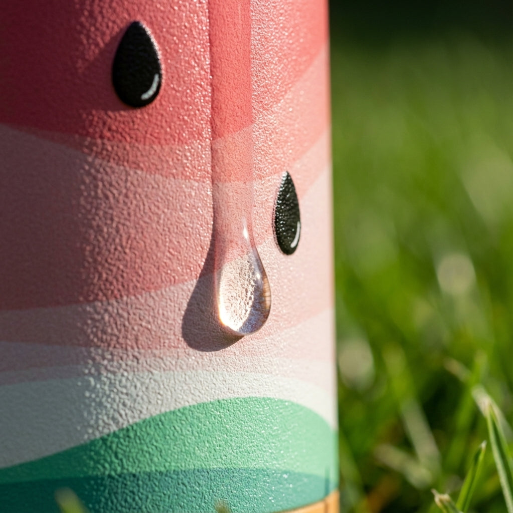 Detail shot - LAMOSE Goose 14 oz kids water bottle featuring a pink ombre watermelon design standing on a picnic blanket with fresh fruit.